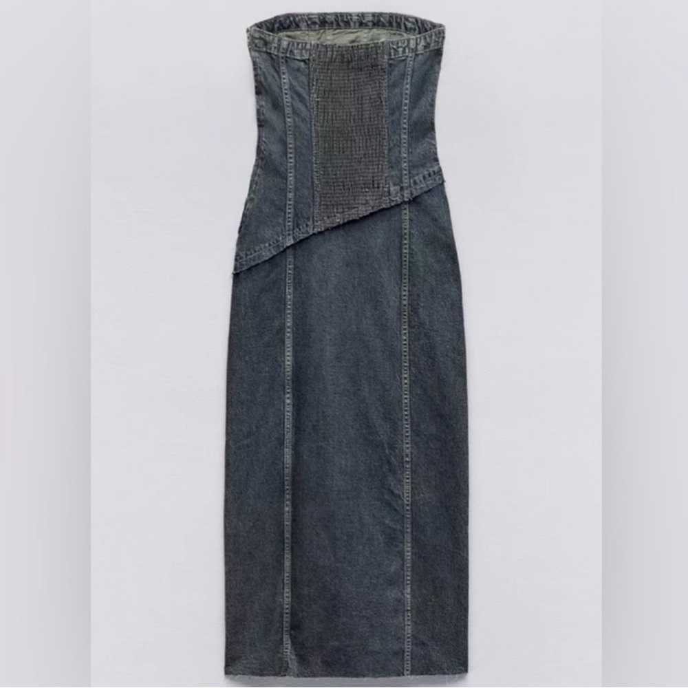 Zara NWT Distressed Navy Denim Strapless Midi Dress w/ Side Slit (Size XS) - Picture 6 of 9